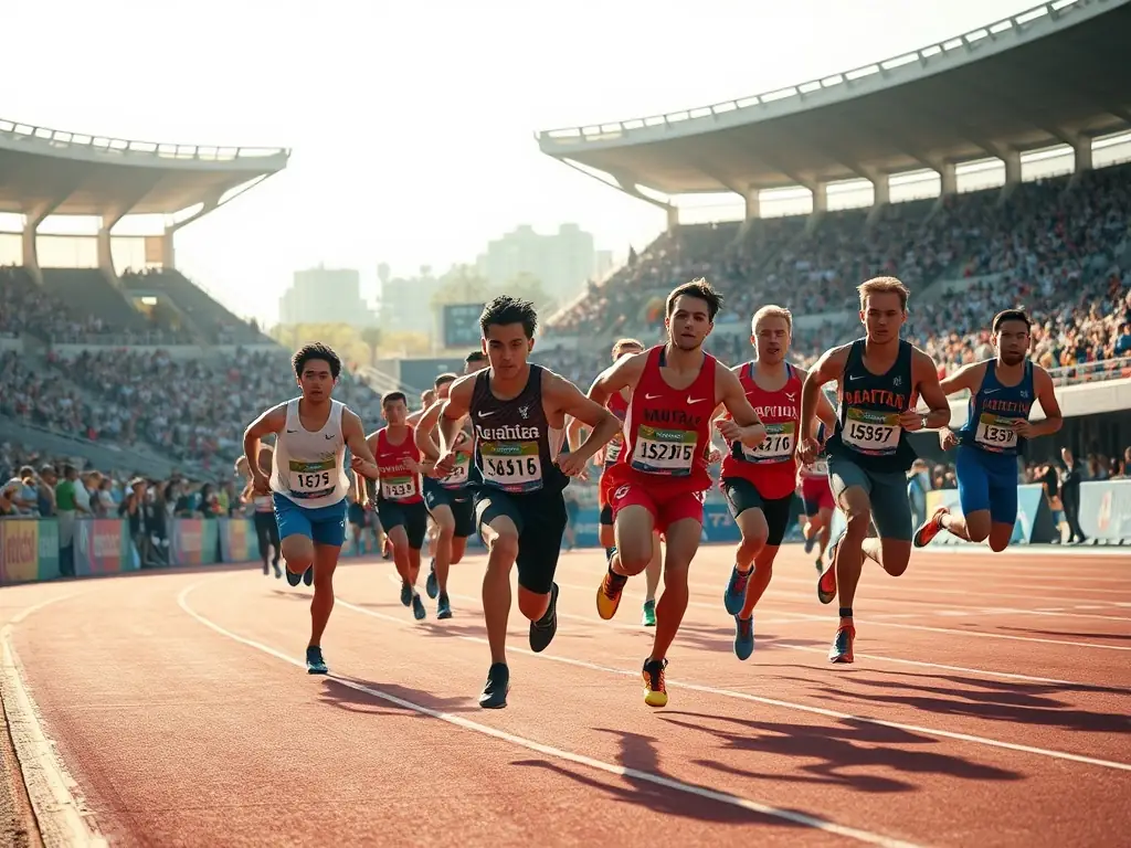 A dynamic image of athletes competing in a track and field event, with spectators cheering them on, at a local sports stadium.