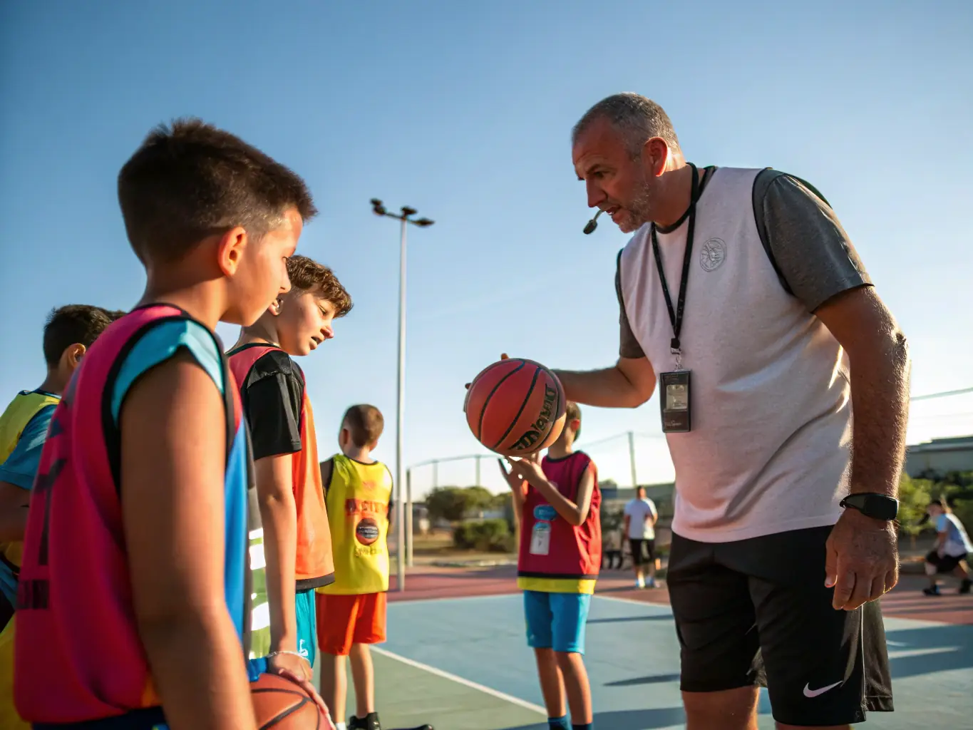 A vibrant image showcasing children participating in a basketball clinic, with coaches providing guidance and encouragement, set against a backdrop of a sunny outdoor court.