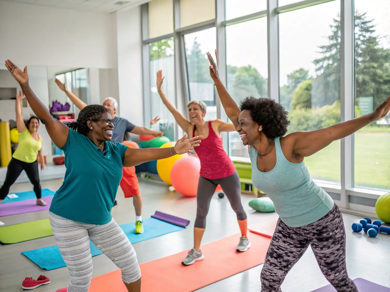 An image of adults participating in a group fitness class, led by a certified instructor, in a modern and well-equipped gymnasium.