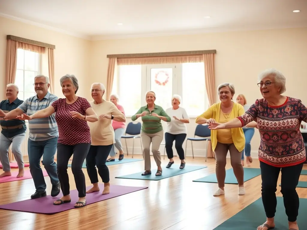 An inspiring image of a group of senior citizens participating in a gentle exercise class, emphasizing the importance of staying active and healthy at any age, with a focus on inclusivity and well-being.